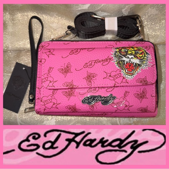 Ed Hardy Pink Crossbody Wallet w Tiger Motif Bubblegum Barbie Pink - Picture 7 of 9